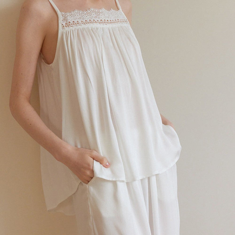 Amie Lace Collar Satin Lightweight Pajama Set / White