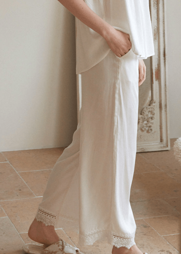 Amie Lace Collar Satin Lightweight Pajama Set / White