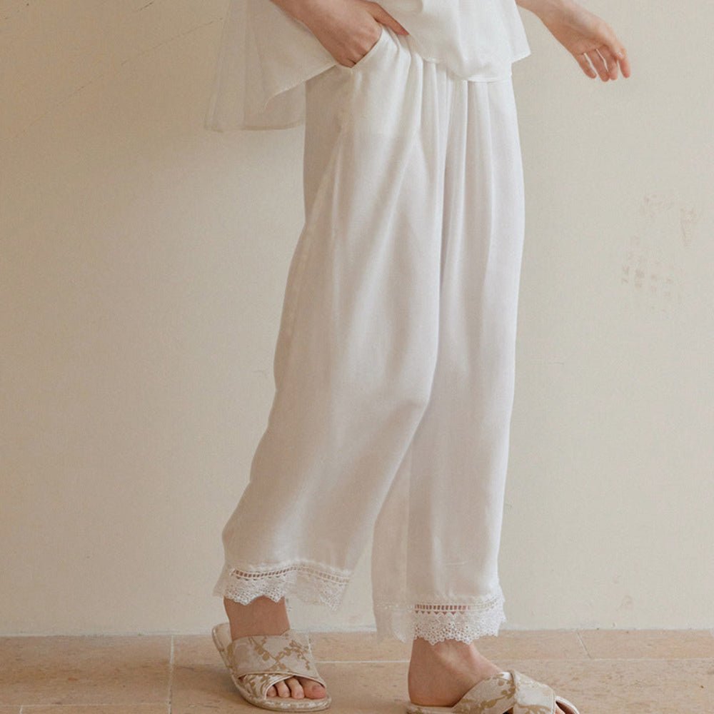 Amie Lace Collar Satin Lightweight Pajama Set / White