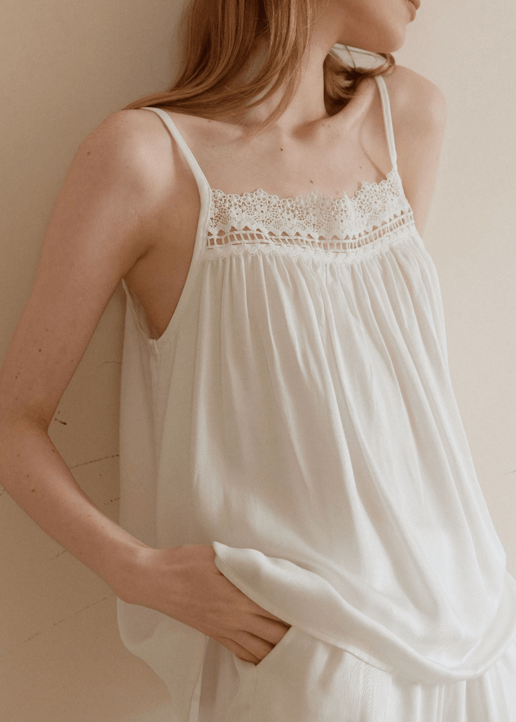 Amie Lace Collar Satin Lightweight Pajama Set / White