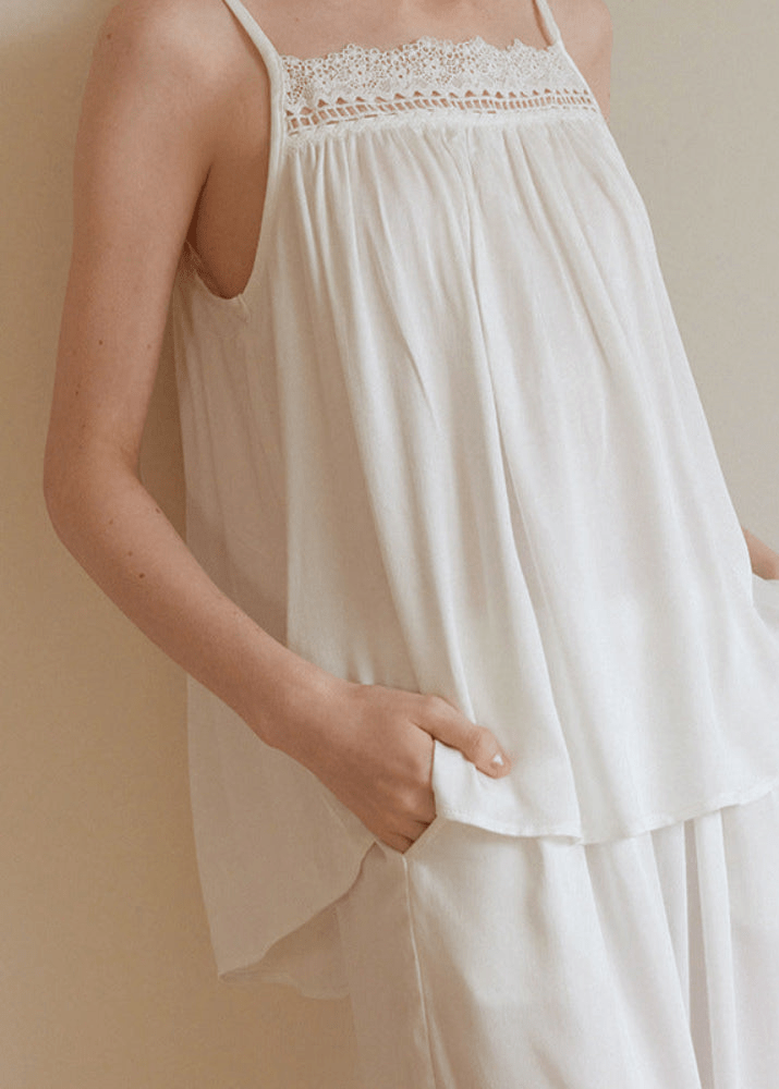 Amie Lace Collar Satin Lightweight Pajama Set / White