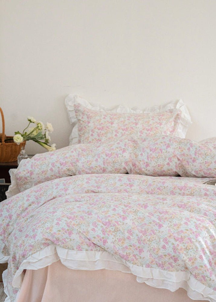 Annie Lace Ruffle Floral Bedding Set / Cream Blue