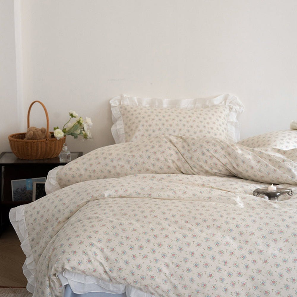 Annie Lace Ruffle Floral Bedding Set / Cream Blue