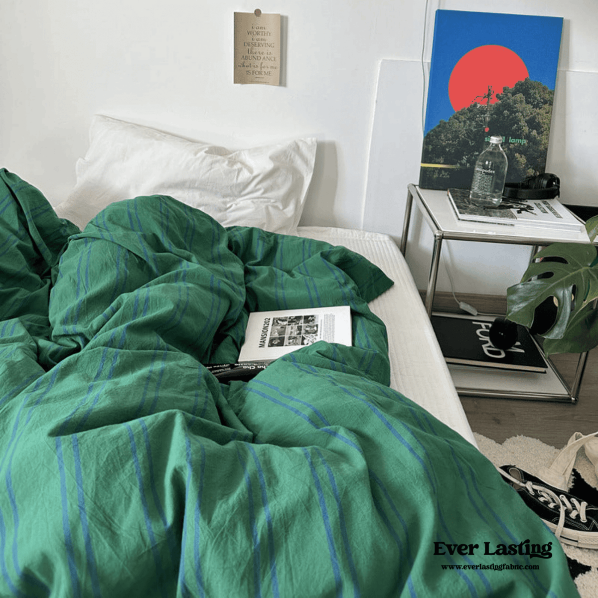 Assorted Washed Cotton Striped Duvet Cover / Forest Green