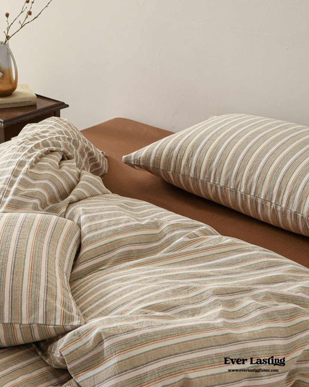 Ava Vintage Striped Cotton Bedding Set / Beige Solid