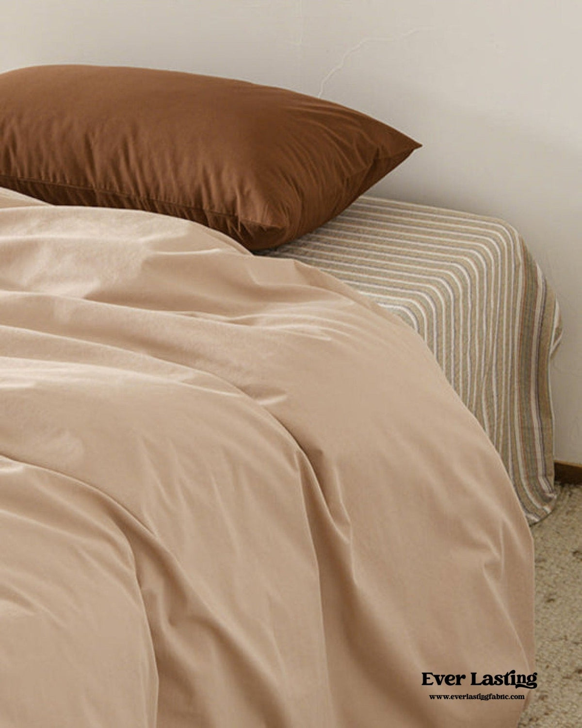Ava Vintage Striped Cotton Bedding Set / Beige Solid