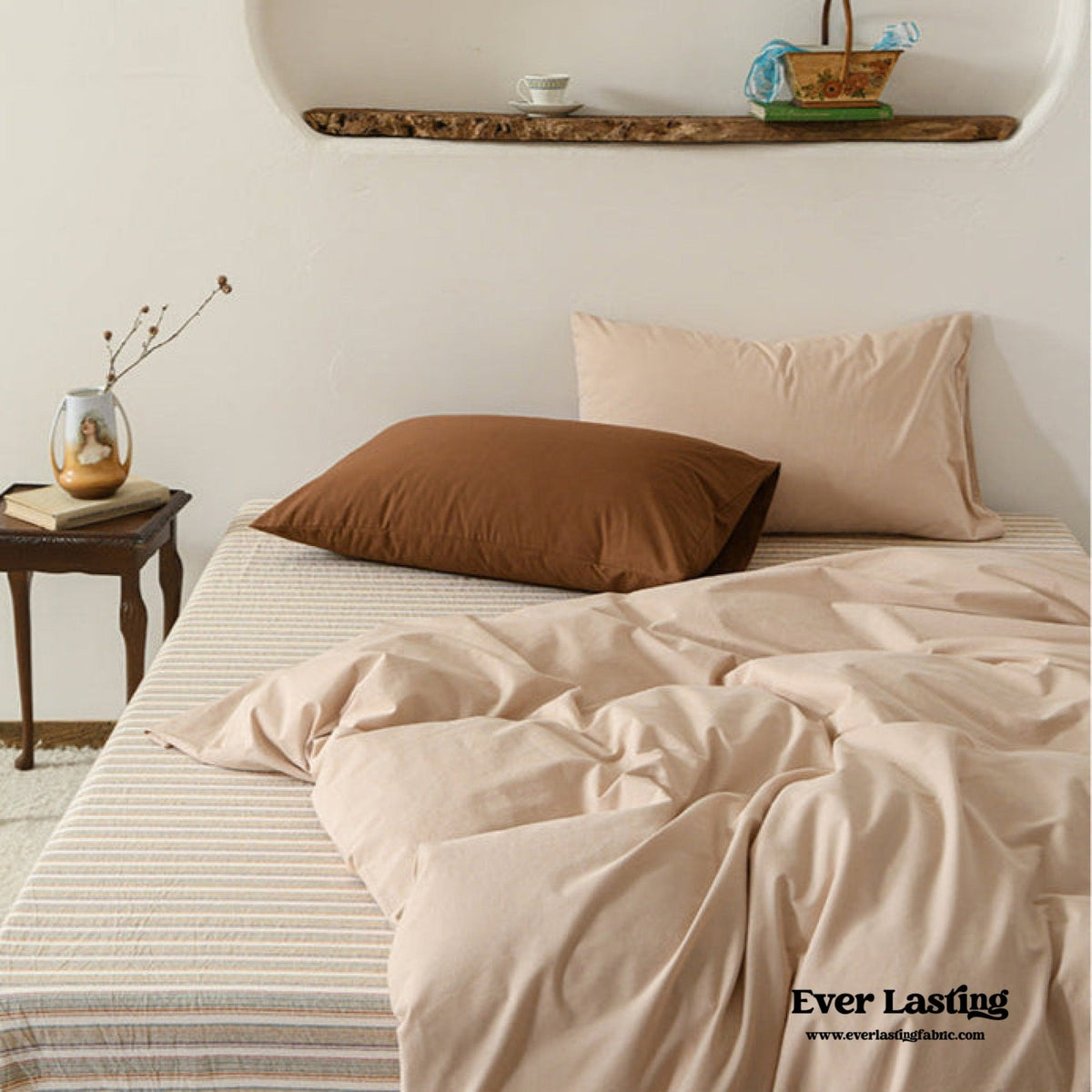 Ava Vintage Striped Cotton Bedding Set / Beige Striped