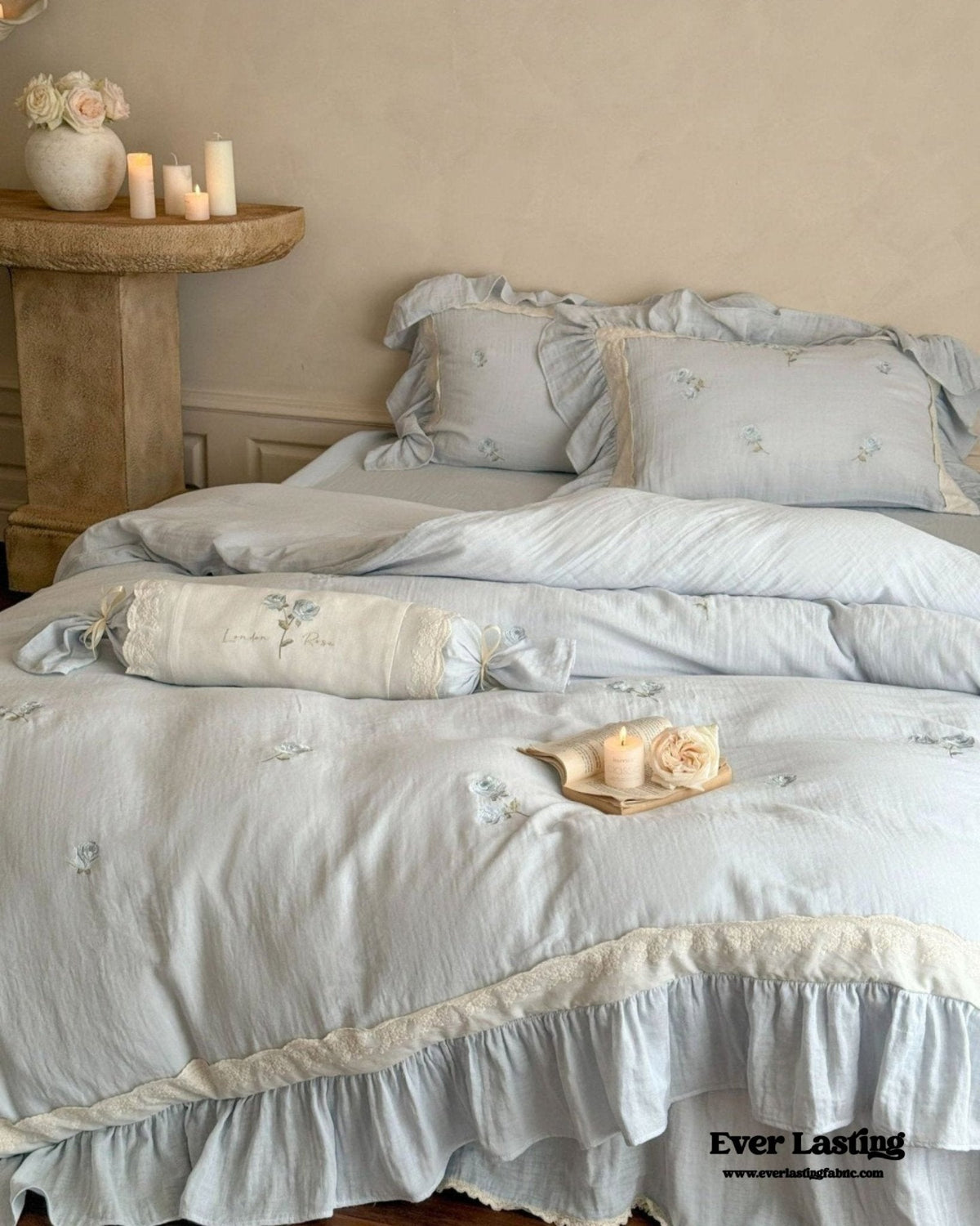 Beatrice Rose Lace Ruffle Bedding Set / Blue