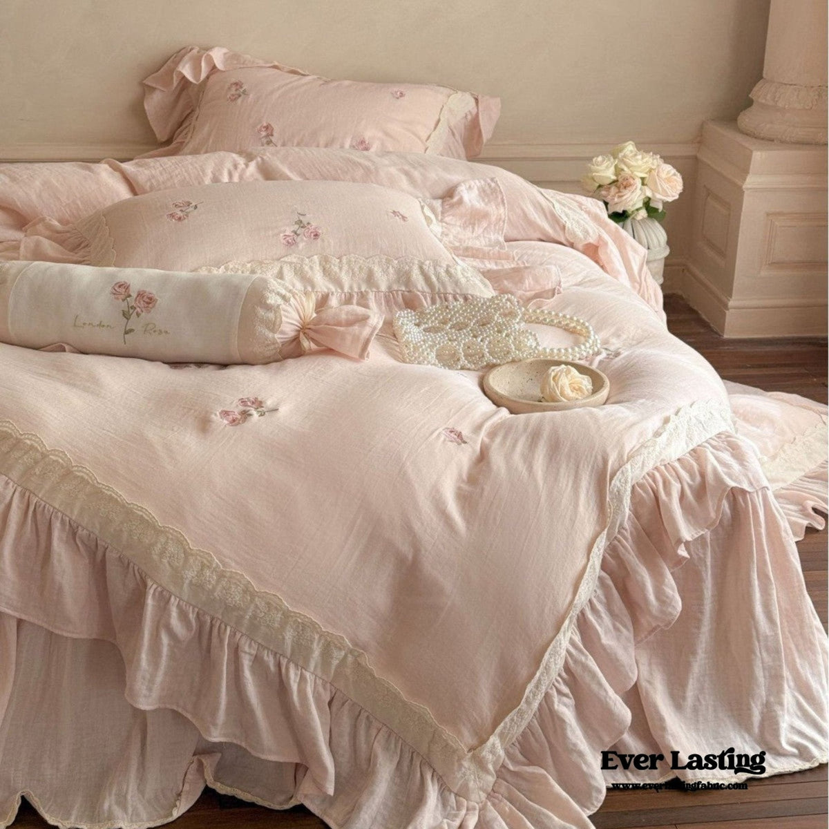 Beatrice Rose Lace Ruffle Bedding Set / Blue