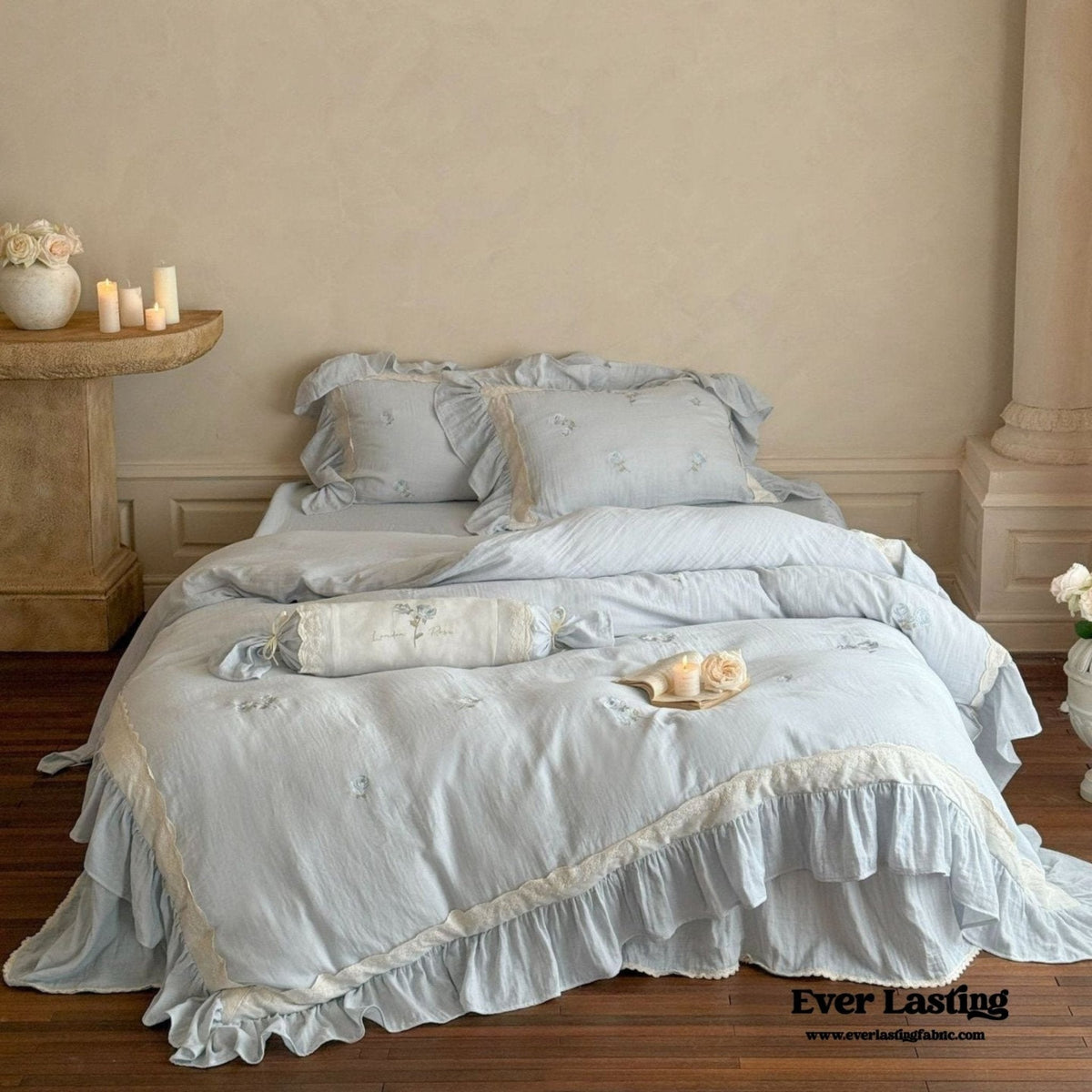 Beatrice Rose Lace Ruffle Bedding Set / Blue