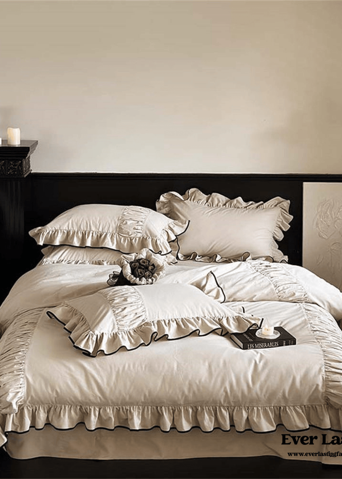 Beige Black Trim Ruffle Bedding Set