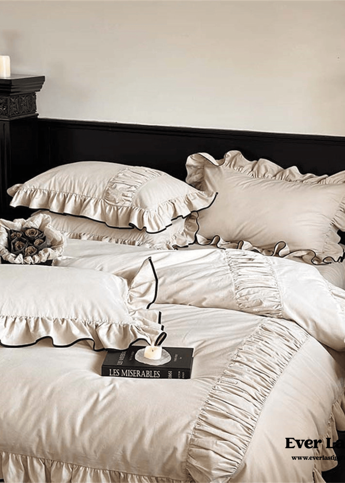 Beige Black Trim Ruffle Bedding Set