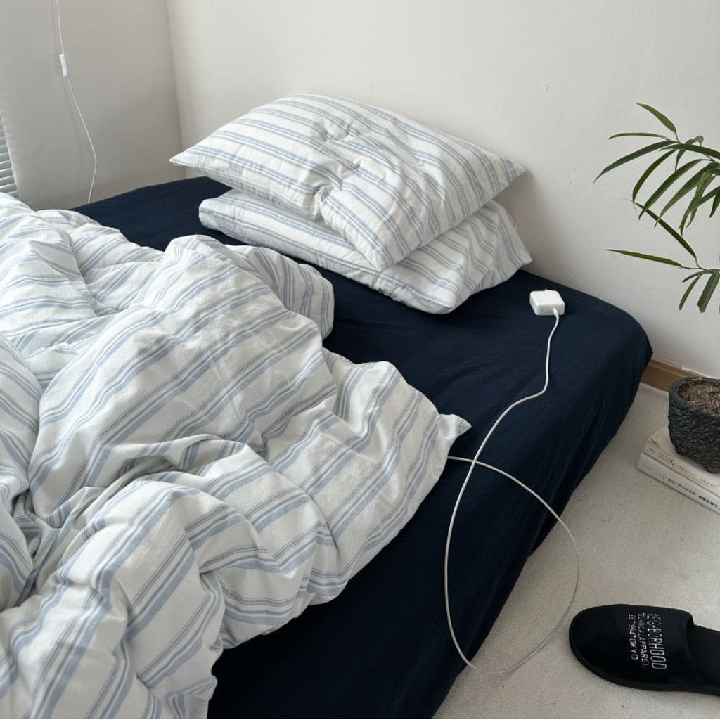 Breezy Stripe Washed Cotton Blue Bedding Set
