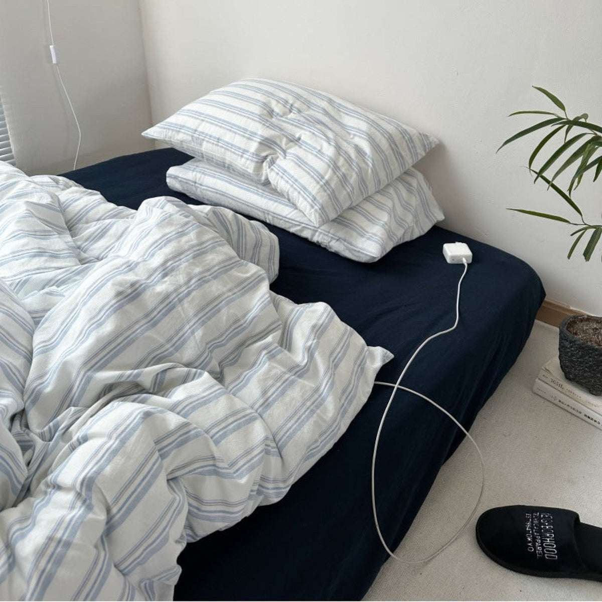 Breezy Stripe Washed Cotton Blue Bedding Set