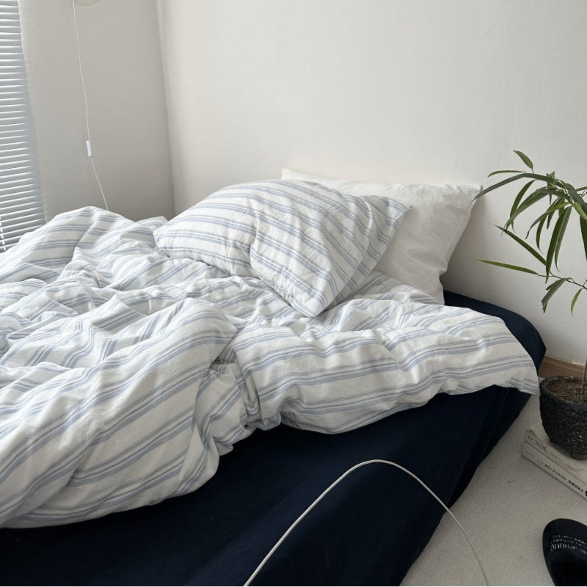 Breezy Stripe Washed Cotton Blue Bedding Set