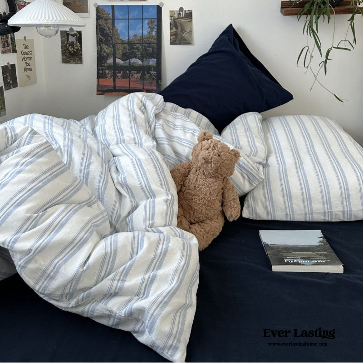 Breezy Stripe Washed Cotton Blue Bedding Set