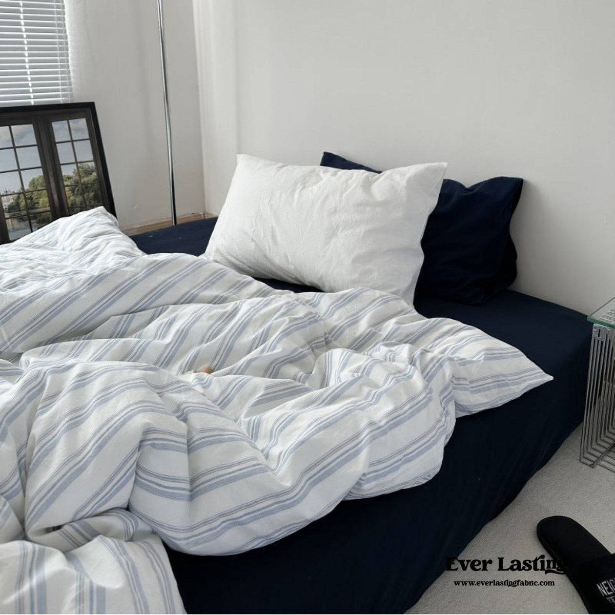 Breezy Stripe Washed Cotton Blue Bedding Set