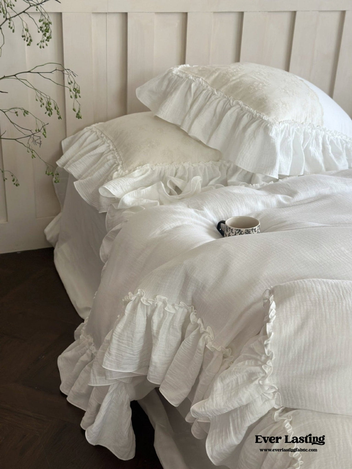 Celeste Soft Lace Embroidered Ruffle Bedding Set / White