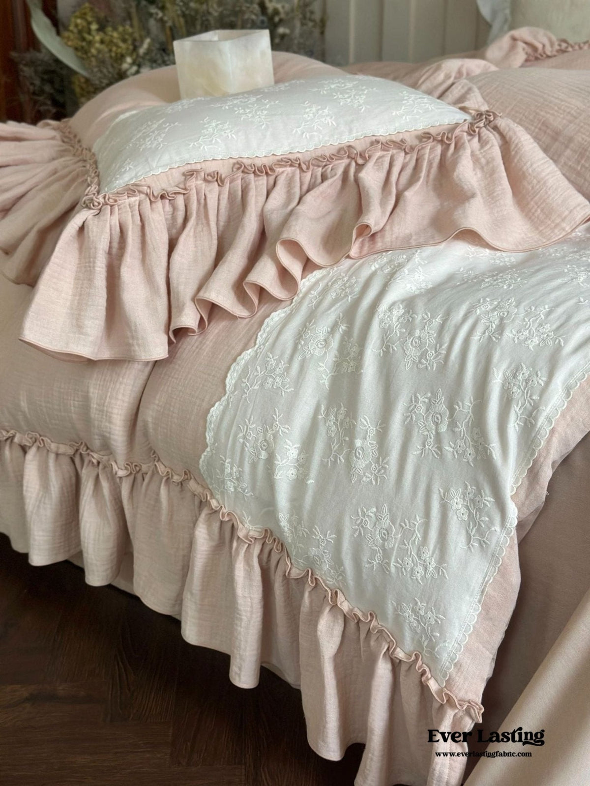 Celeste Soft Lace Embroidered Ruffle Bedding Set / White