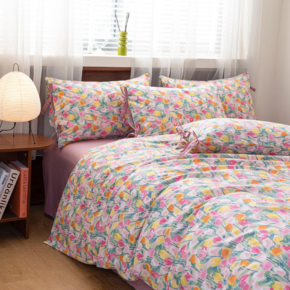 Celia Cottage Ribbon Bow Tie Floral Bedding Set / Rust Pink