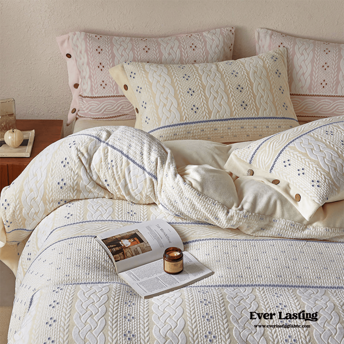 Cottage Braided Button Velvet Bedding Set / Cream