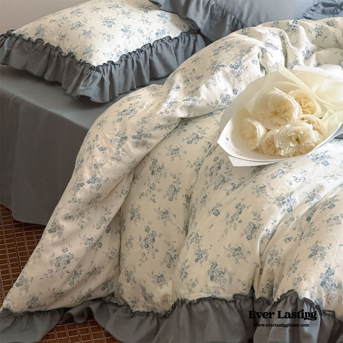 Cottage Inspired Ruffle Bedding Set / Ash Blue
