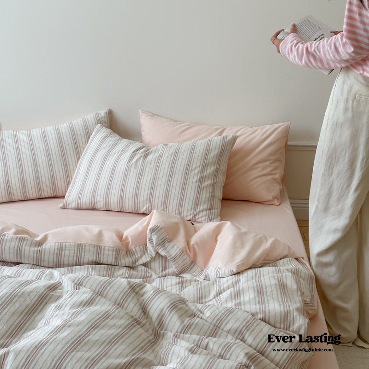 Cozy Pastel Striped Washed Cotton Duvet Cover / Pink