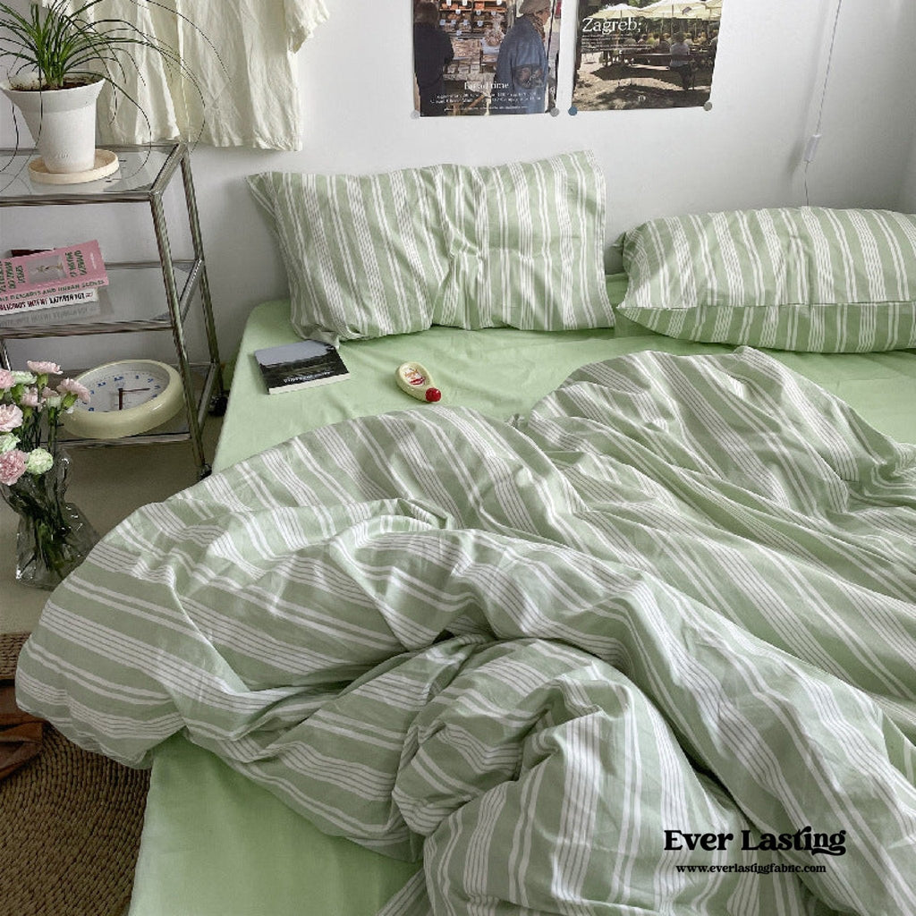 Cozy Washed Cotton Striped Bedding Set / Pink