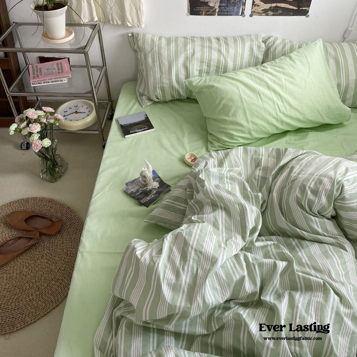 Cozy Washed Cotton Striped Bedding Set / Pink