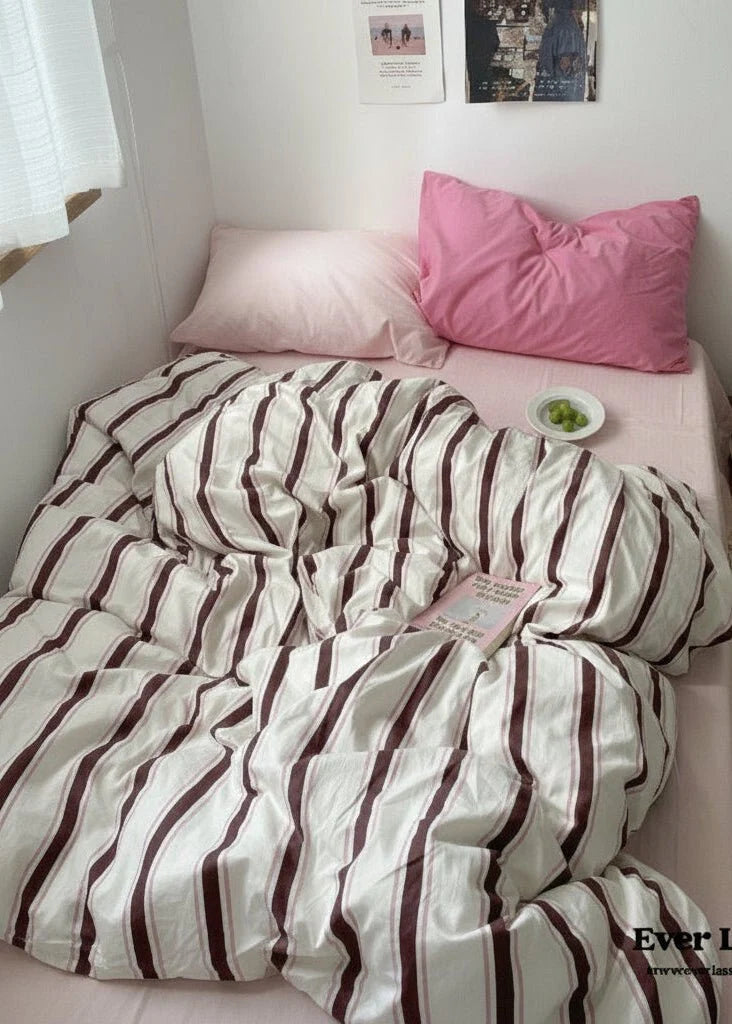 Cozy Washed Cotton Striped Bedding Set / Pink