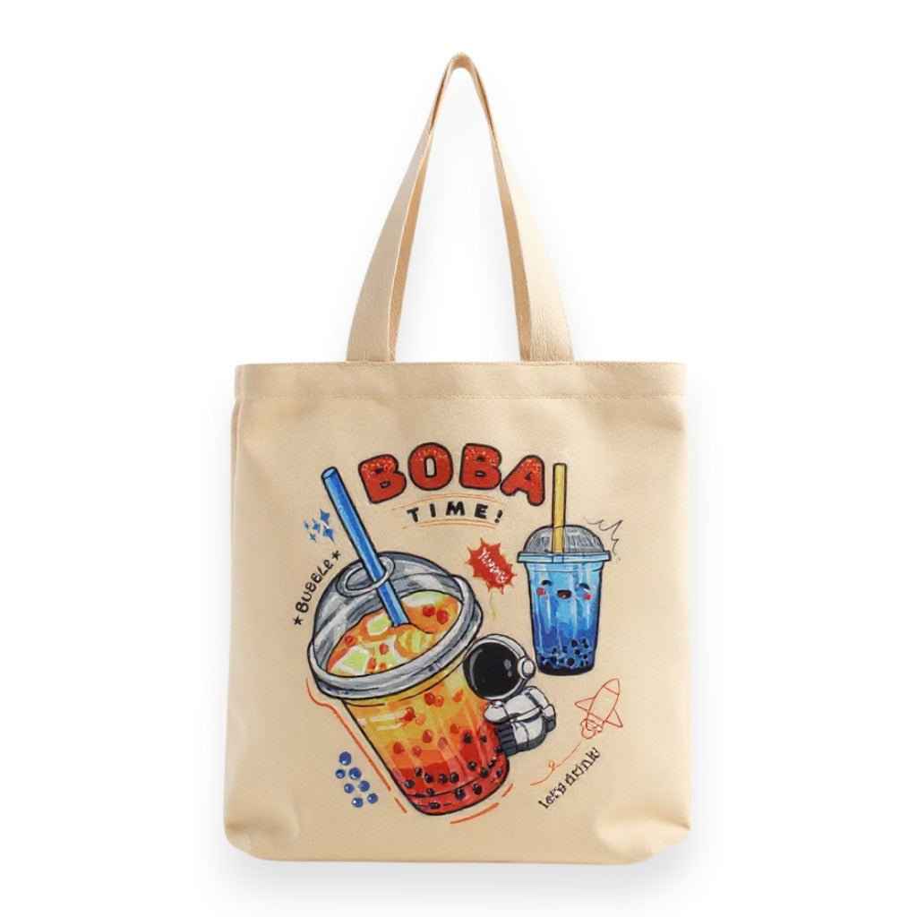 Cream Boba Tote Bag – Cute Gift with Keychain & Enamel Pin
