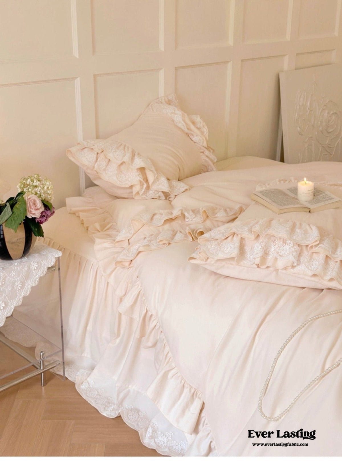 Double Lace Coquette Ruffle Bedding Set / Baby Pink
