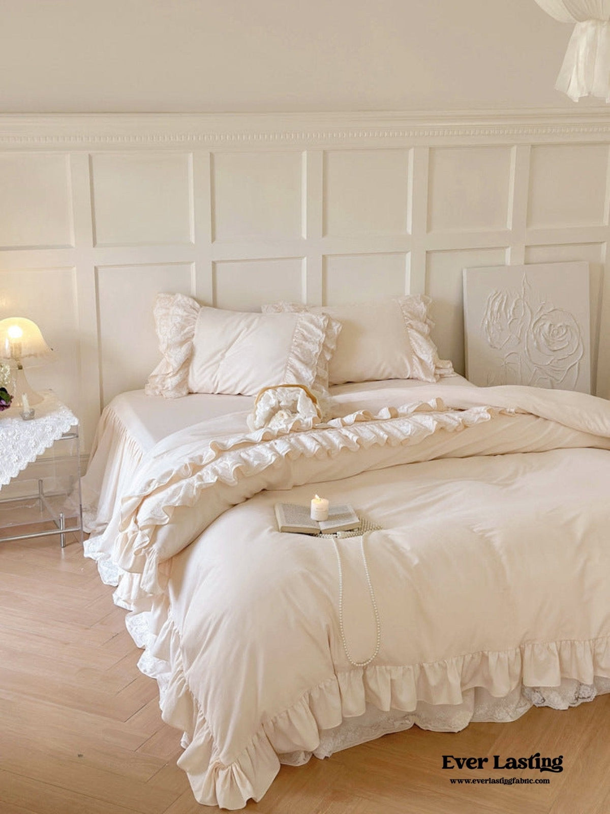 Double Lace Coquette Ruffle Bedding Set / Baby Pink