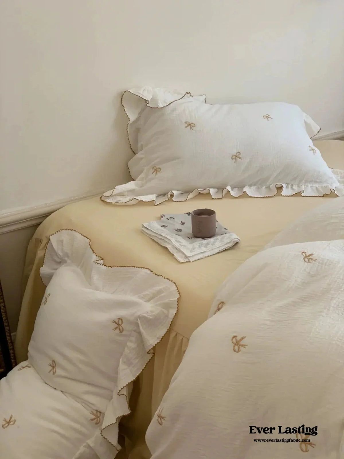 Double Layer Ribbon Tie White Ruffle Bedding Set