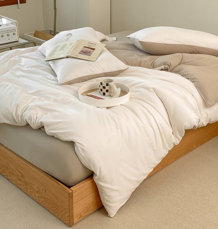 Duo Earth Tone Jersey Knit Bedding Set / White Beige