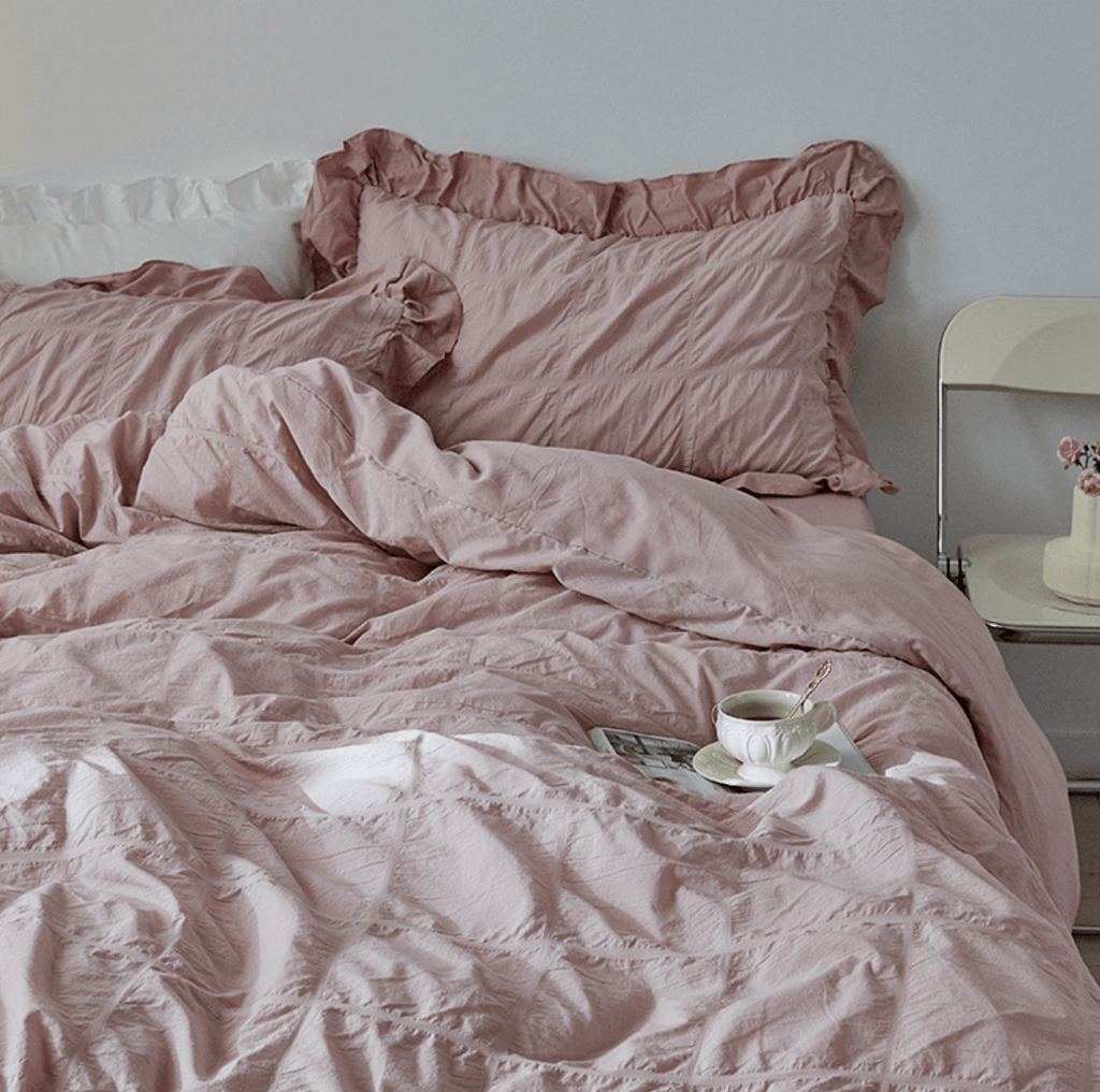 Earth Tone Marshmallow Puff Ruffle Bedding Set / Rust Pink