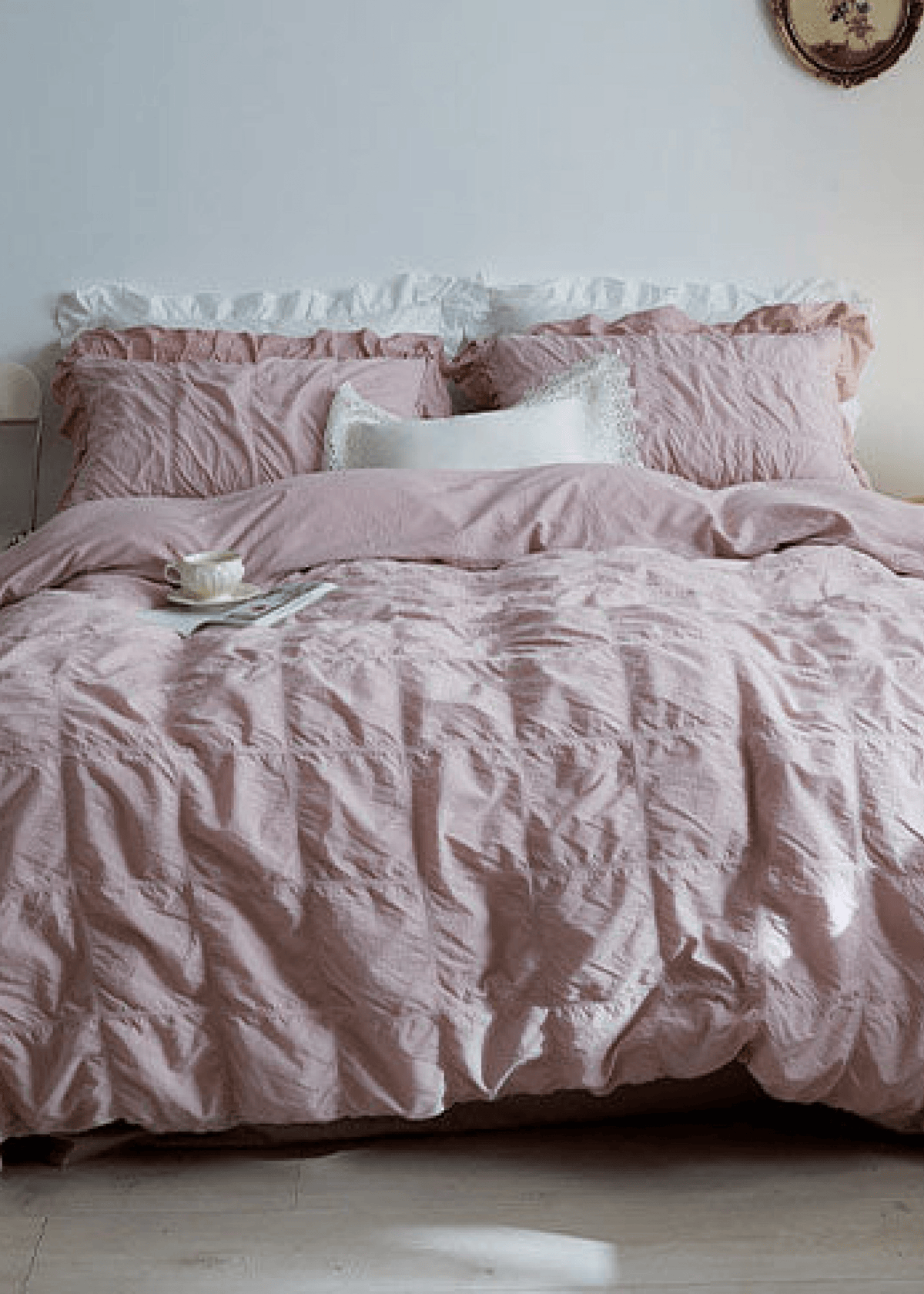 Earth Tone Marshmallow Puff Ruffle Bedding Set / Rust Pink