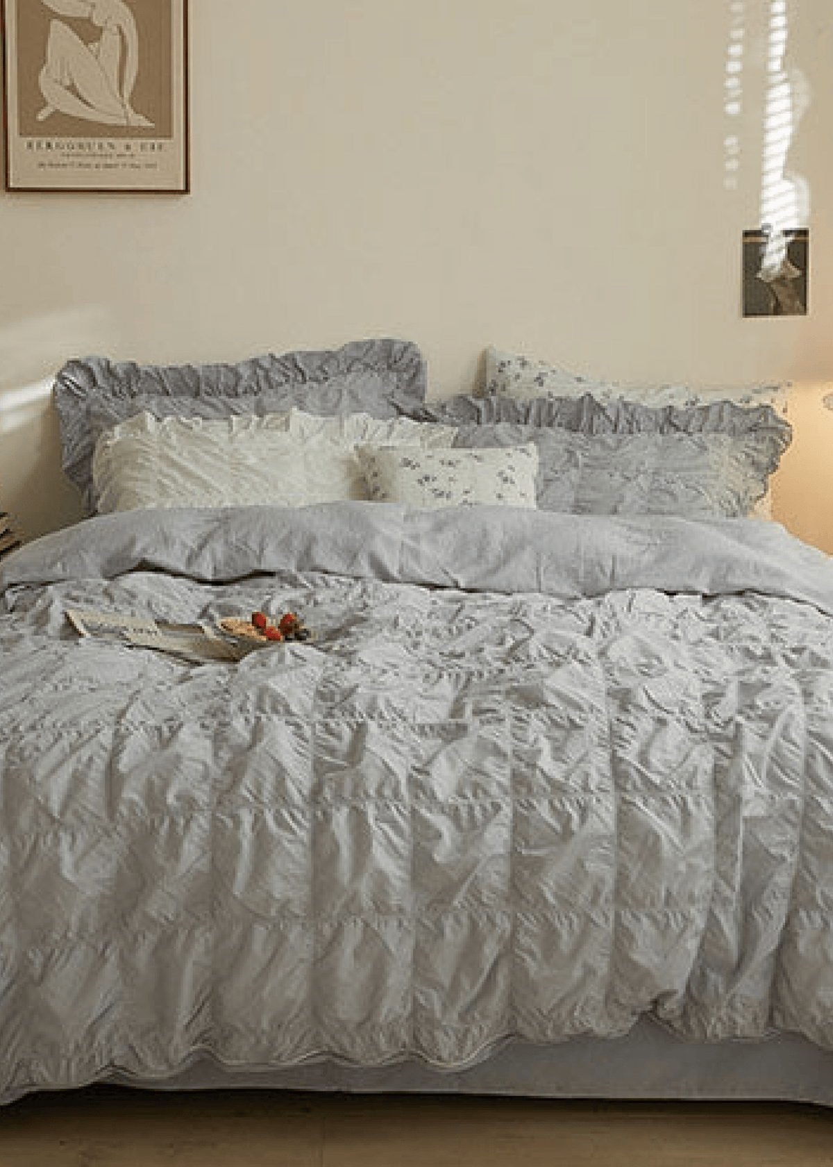 Earth Tone Marshmallow Puff Ruffle Bedding Set / White