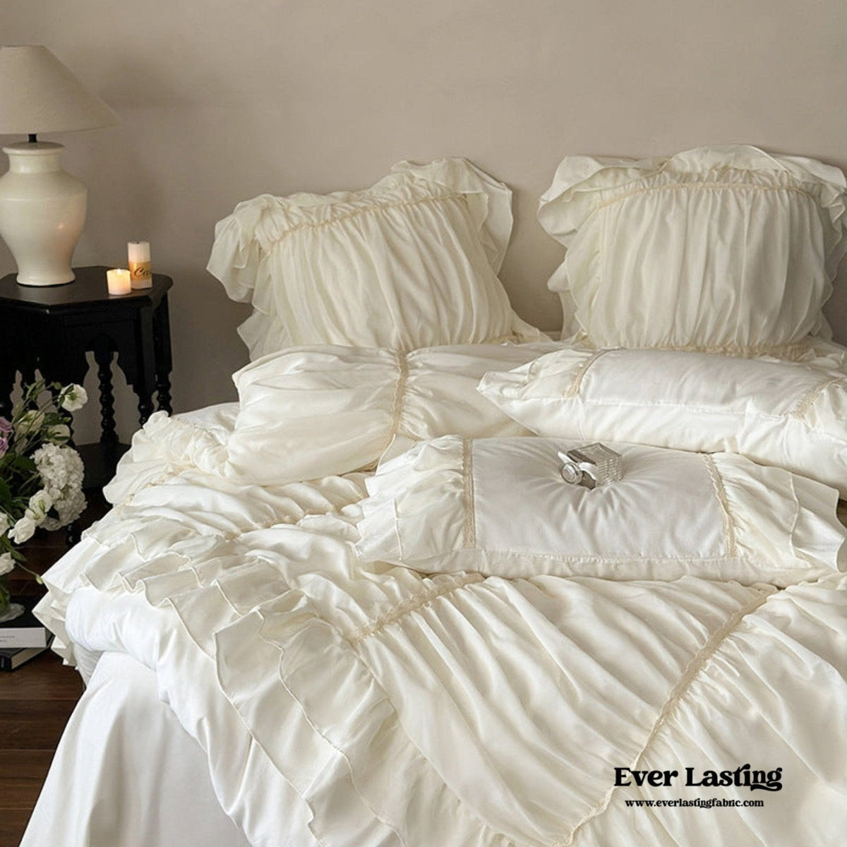Élodie Silky Coquette Ruffled Bedding Set / White