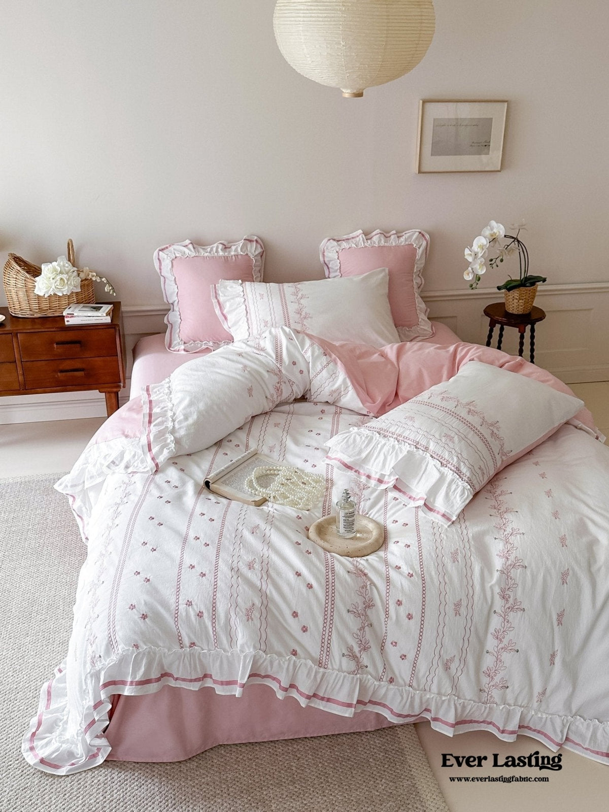 Embroidered French Lace Ruffle Duvet Cover / Blue