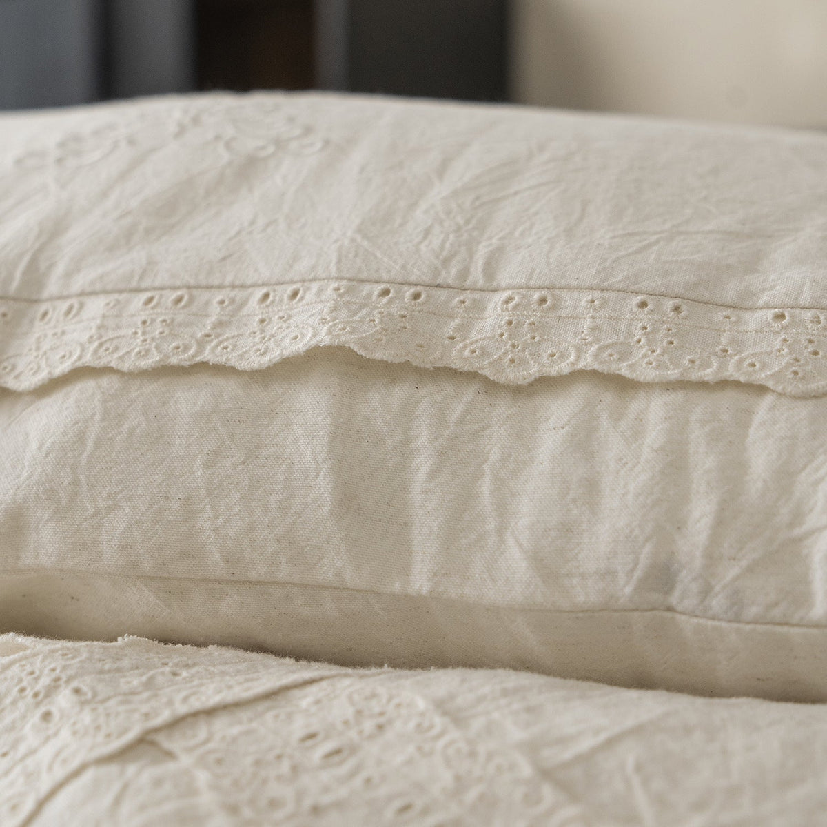Esme French Linen Cotton Embroidered Floral Bedding Set / White