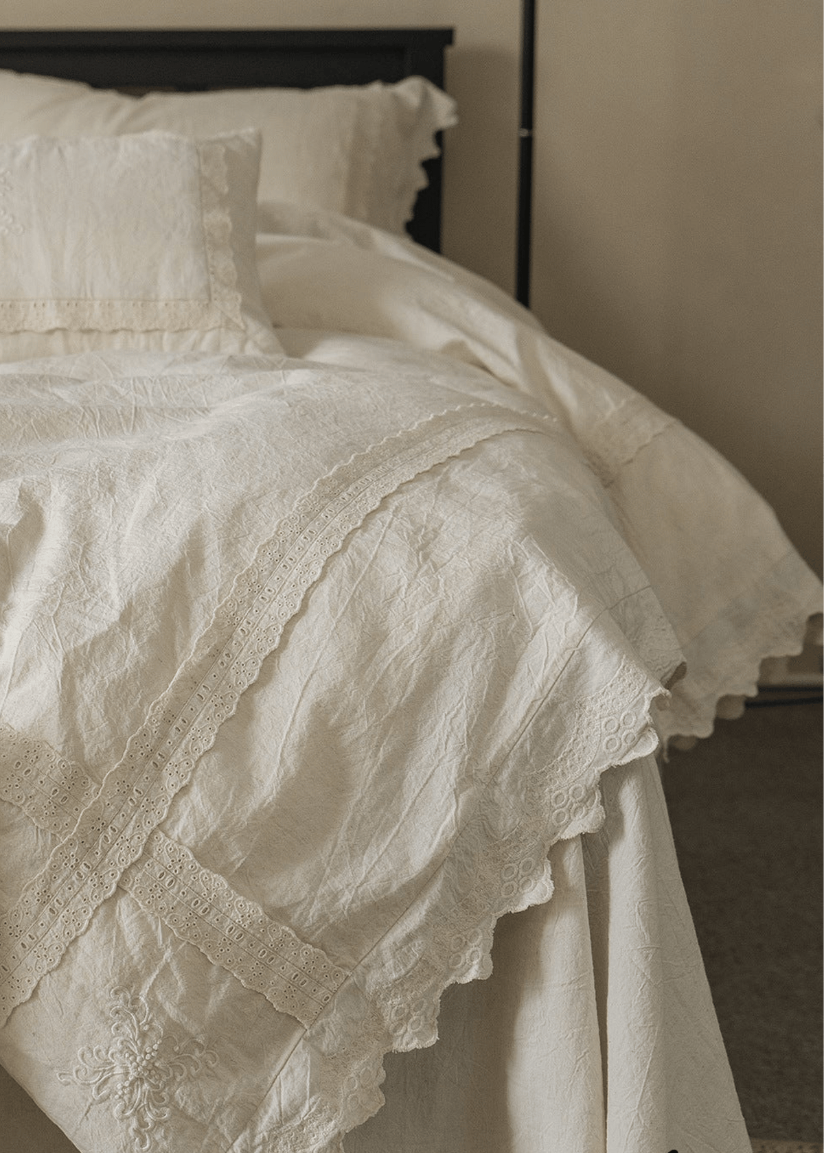 Esme French Linen Cotton Embroidered Floral Bedding Set / White