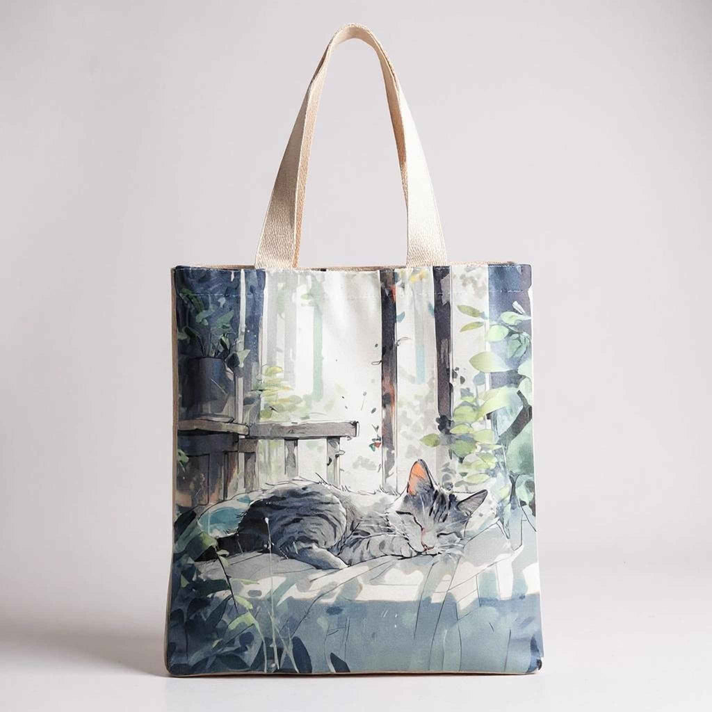 Flannel Cat Tote Bag – Zippered, Two-Sided Printed Shoulder Bag