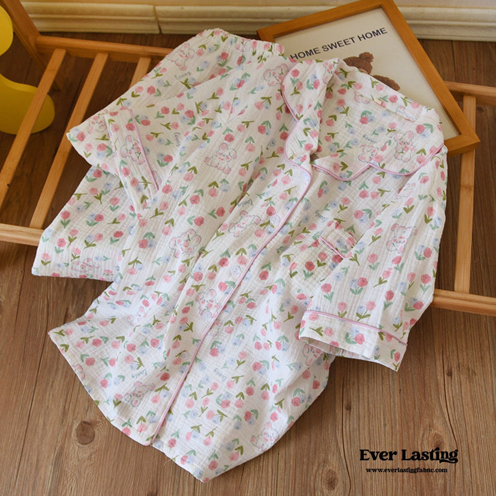 Floral Garden Short Sleeves and Pants Cotton Pajama Set / Beige