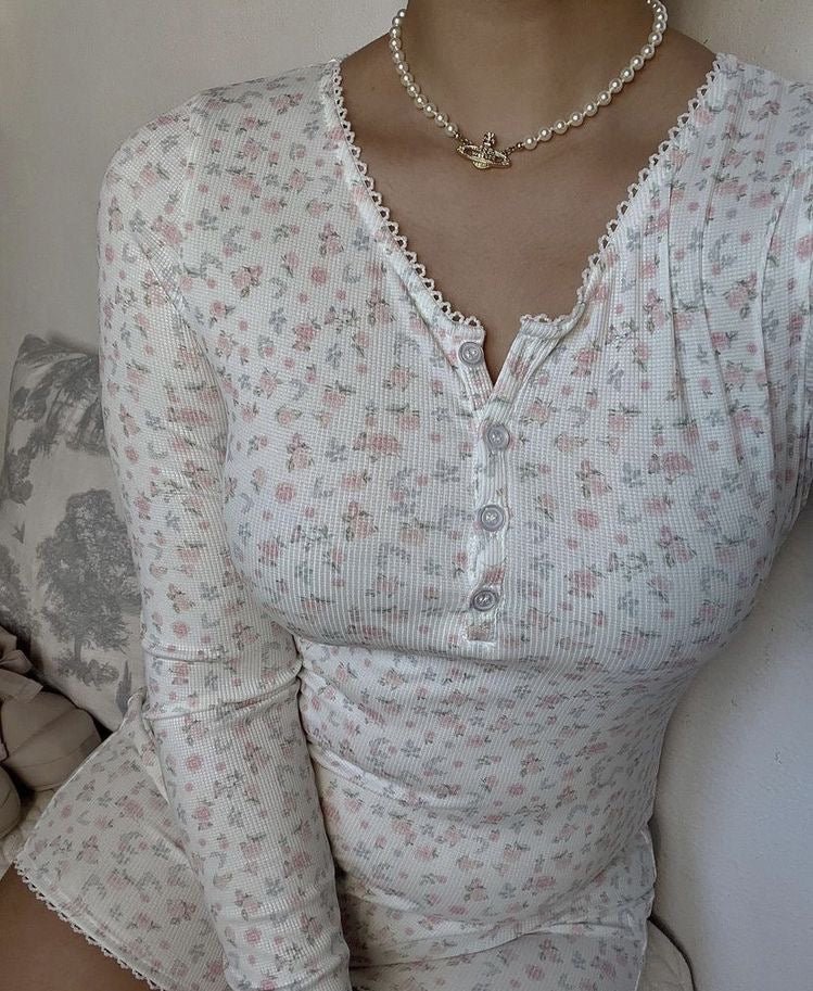 Floral Pajama Long Sleeves Bodysuit / Pink