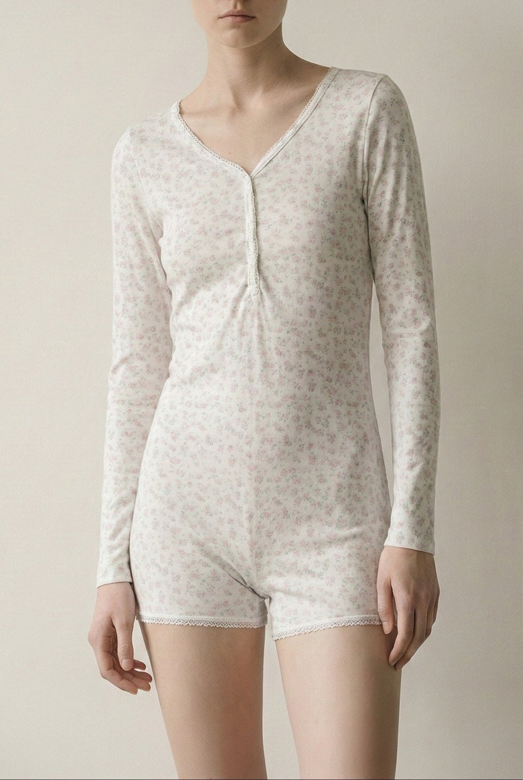 Floral Pajama Long Sleeves Bodysuit / Pink