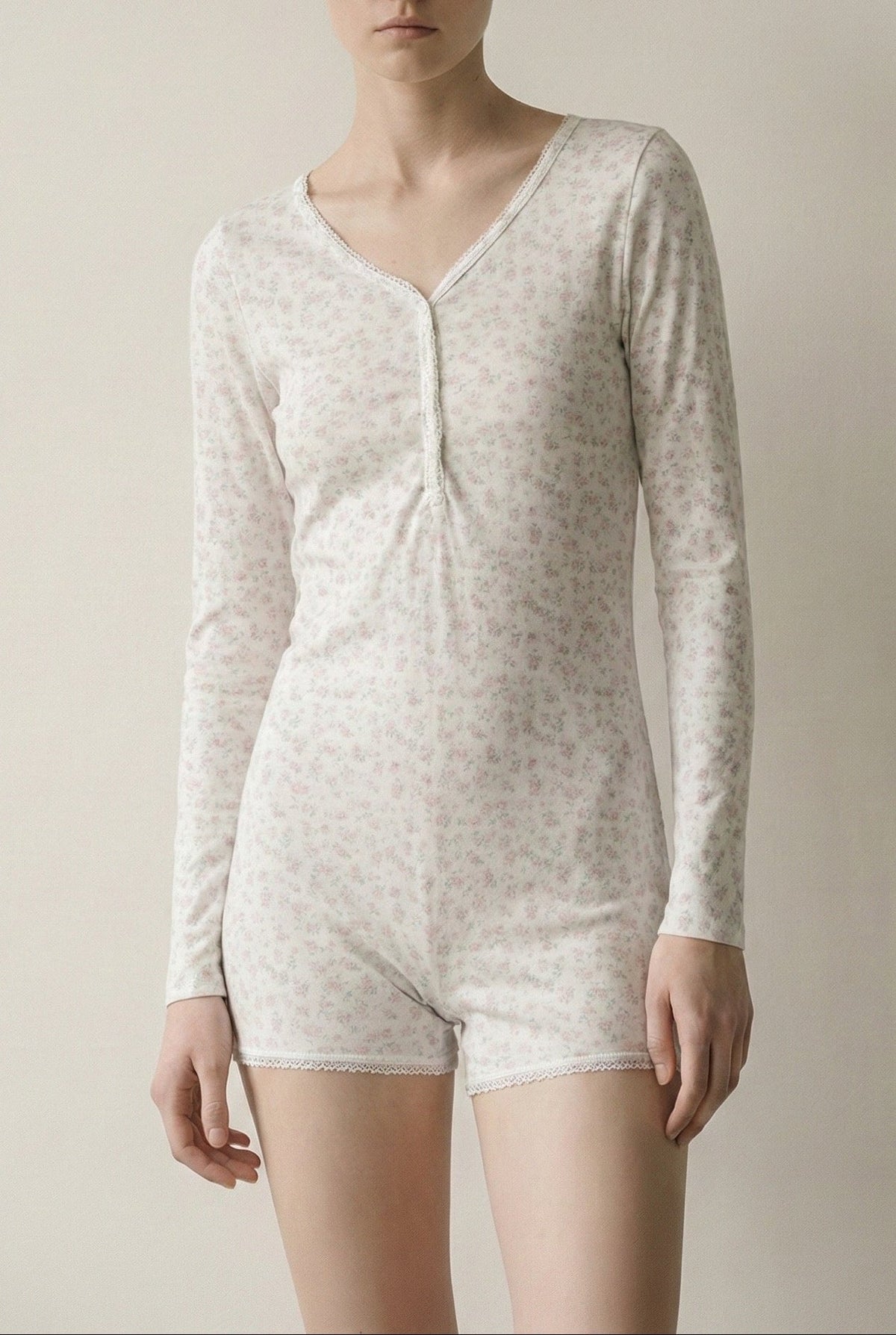 Floral Pajama Long Sleeves Bodysuit / Pink