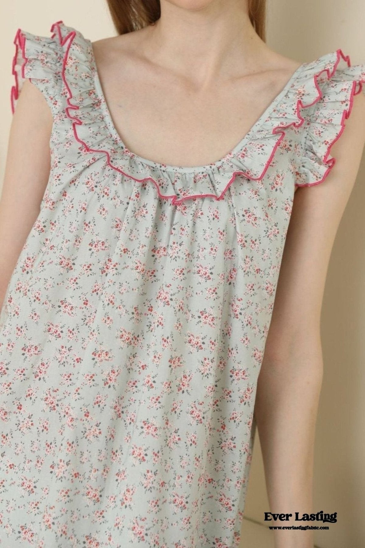 Floral Ruffle Lounge Pajamas Nightgown Dress / Beige