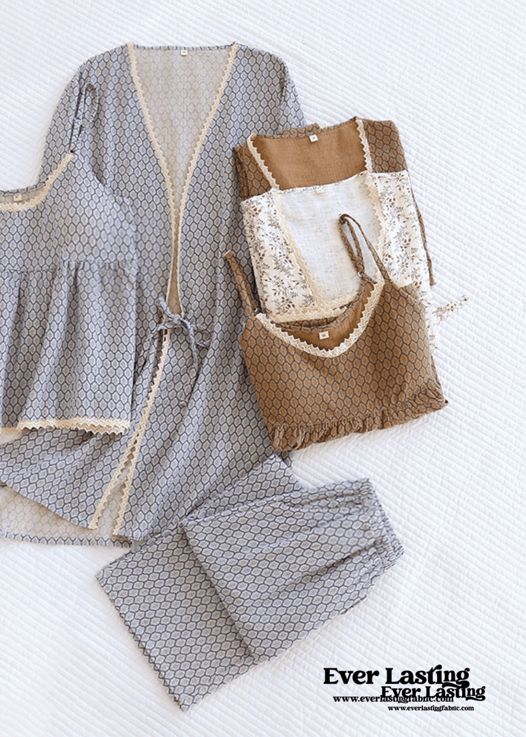 Floral V Tank and Long Pants with Cardigan Cotton Pajama Set / White
