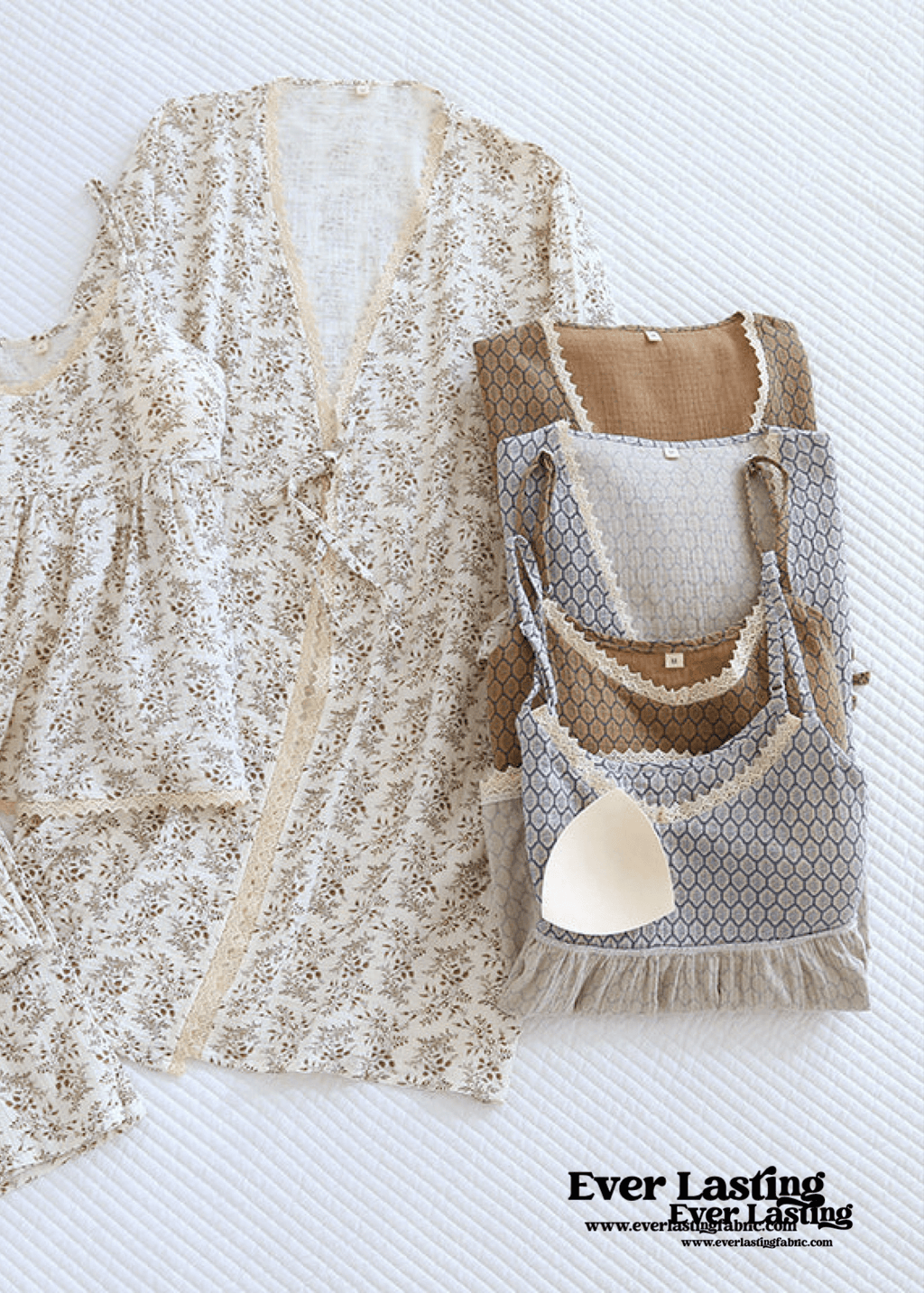 Floral V Tank and Long Pants with Cardigan Cotton Pajama Set / White